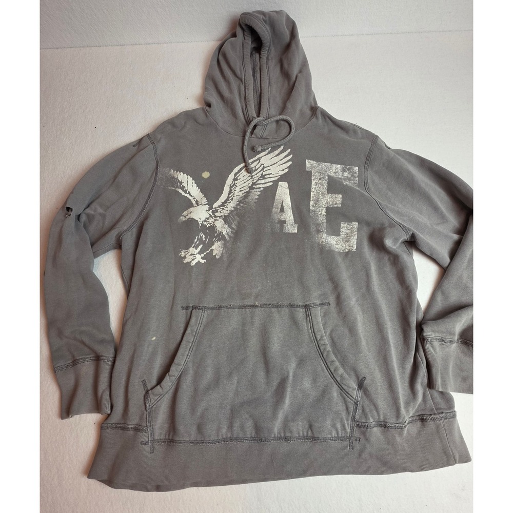 American Eagle Outfitters Gray Distressed Hoodie Y2K Grunge Eagle Graphic XXL